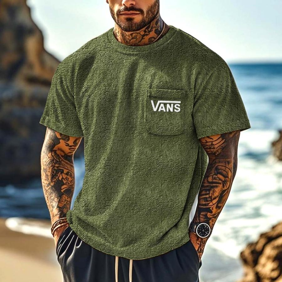 

Men's Vintage Terry Towelling Embroidered Surfing Patch Pocket Army Green Short Sleeve Crew Neck T-Shirt
