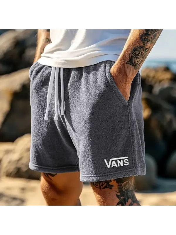 Men's Vintage Terry Towelling Embroidery Elastic Drawstring Surfing Shorts Gray Boardshorts - Ootdmw.com 