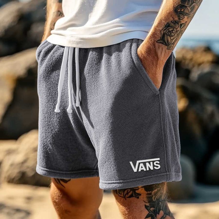 

Men's Vintage Terry Towelling Embroidery Elastic Drawstring Surfing Shorts Gray Boardshorts