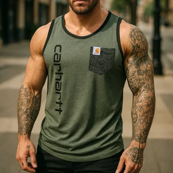 Men's Vintage Athletic Tank Top With Chest Pocket And Vertical Logo Print - Zivinfo.com 