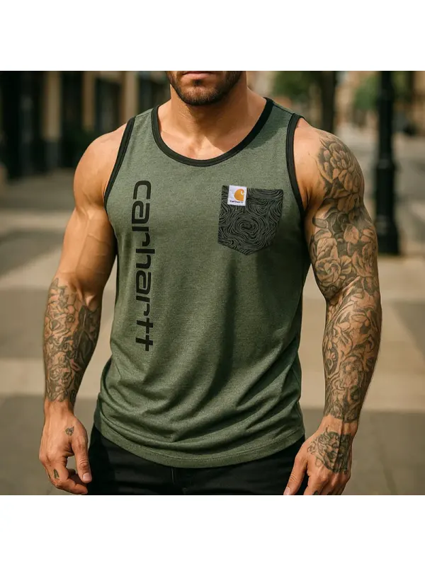 Men's Vintage Athletic Tank Top With Chest Pocket And Vertical Logo Print - Wearmw.chimpone.com 
