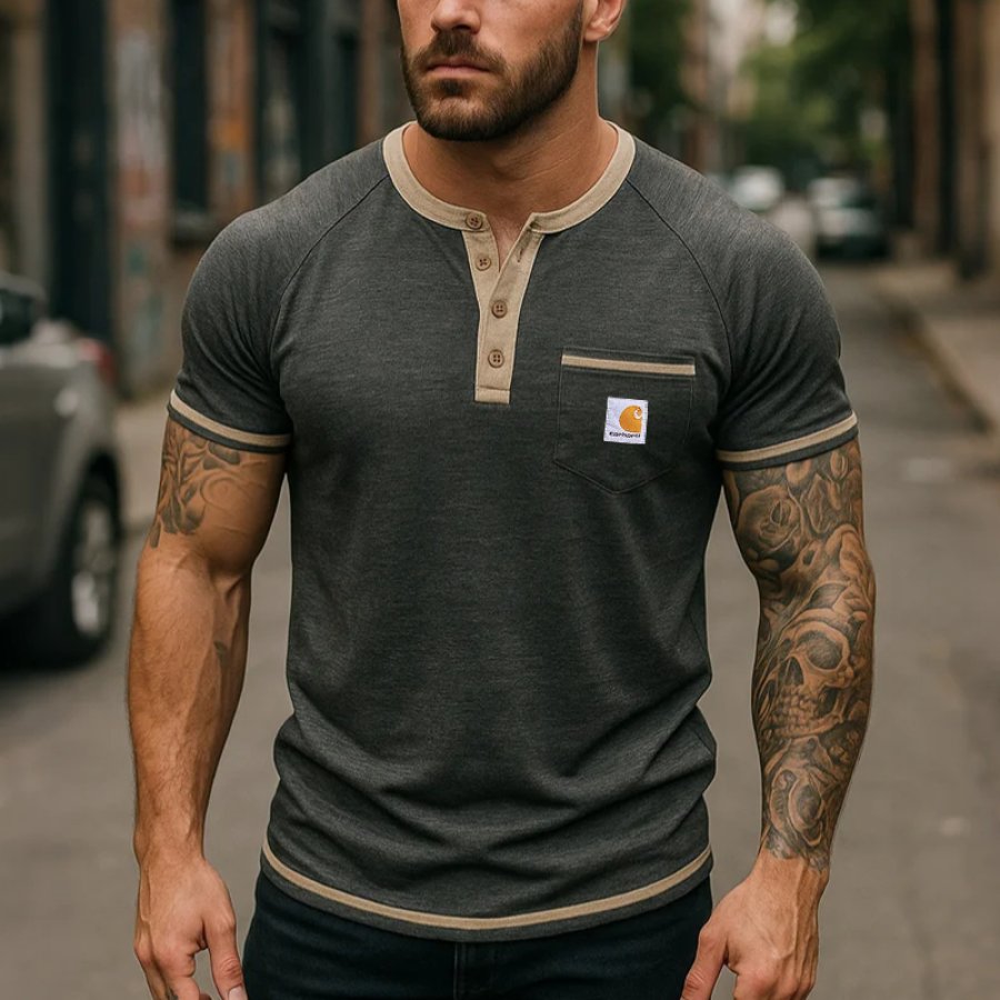 

Stylish Henley T-Shirt With Contrast Trim And Chest Pocket For Men