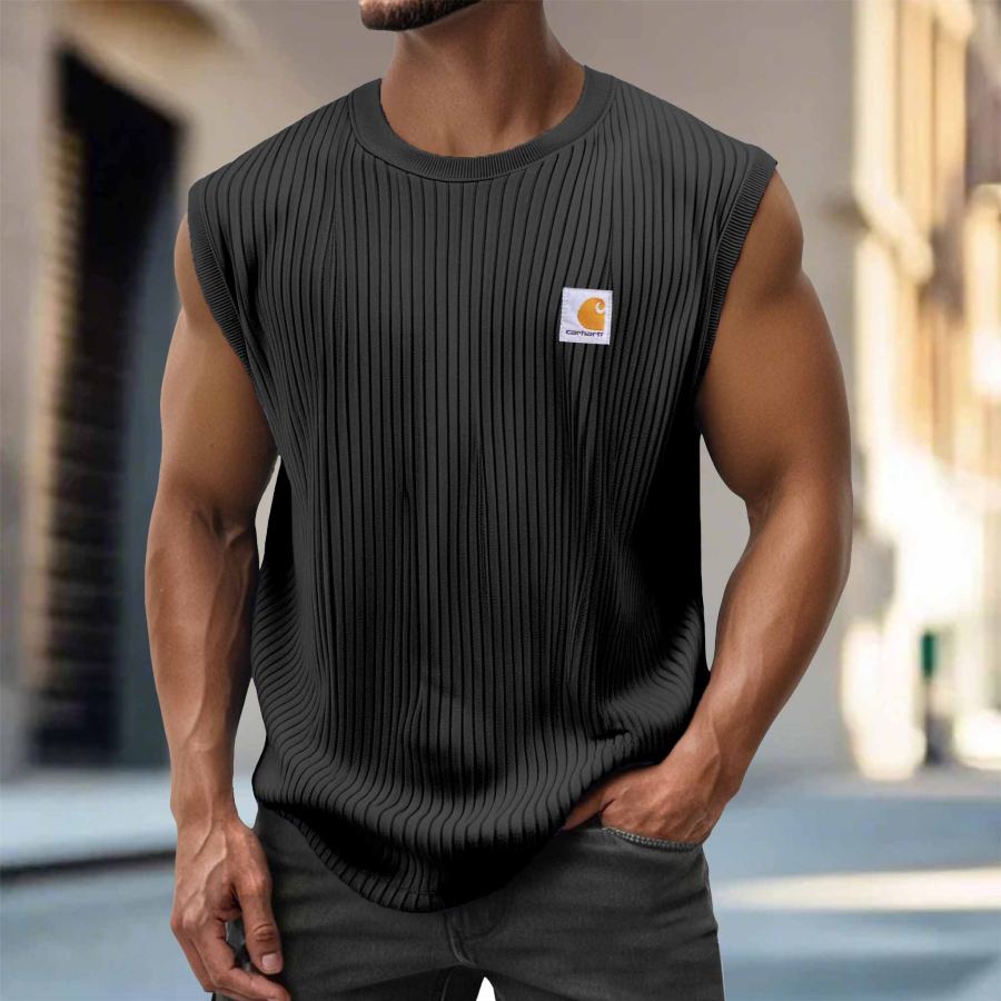 

Carhartt Men's Vintage Solid Vertical Stripe Pocket Crew Neck Black Sleeveless Tank Top