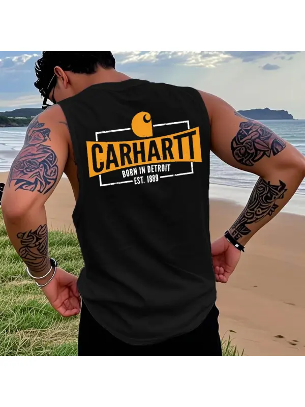 Men's Vintage Surf Born In Detroit Est 1889 Print Crew Neck Sleeveless Tank Top - Wearmw.chimpone.com 
