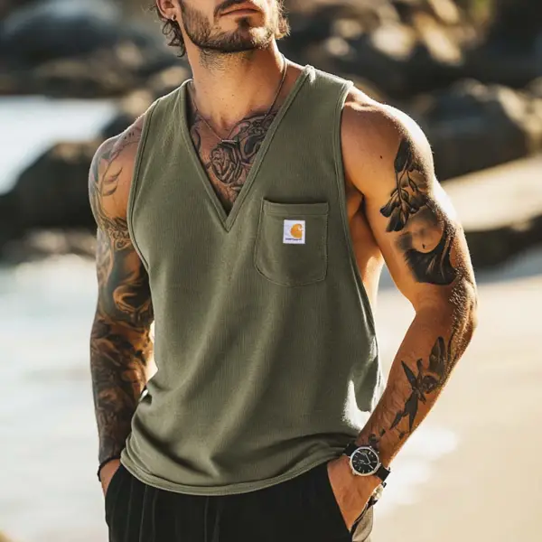 Men's Surf Olive Green Chest Pocket V-Neck Sleeveless Tank Top - Yesunshine.com 