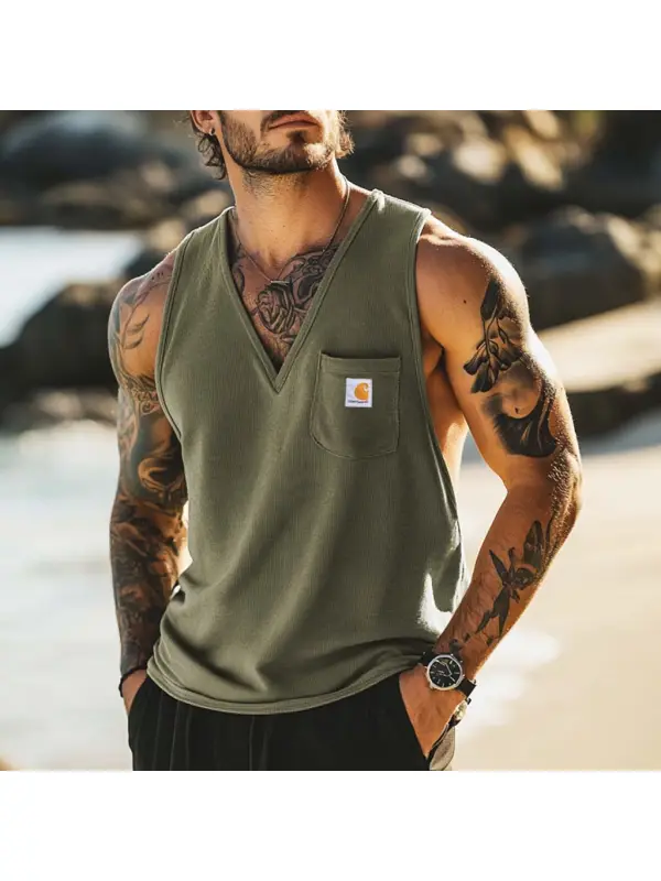 Men's Surf Olive Green Chest Pocket V-Neck Sleeveless Tank Top - Wearmw.chimpone.com 