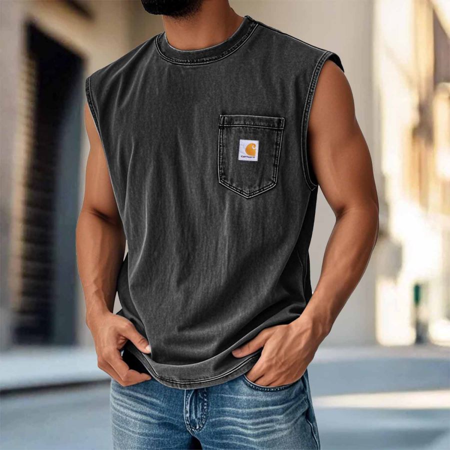 

Carhartt Men's Vintage Distressed Washed Pocket Crew Neck Black Sleeveless Tank Top