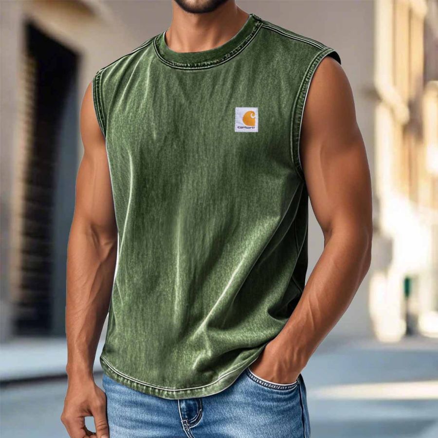 

Men's Vintage Distressed Washed Crew Neck Sleeveless Tank Top
