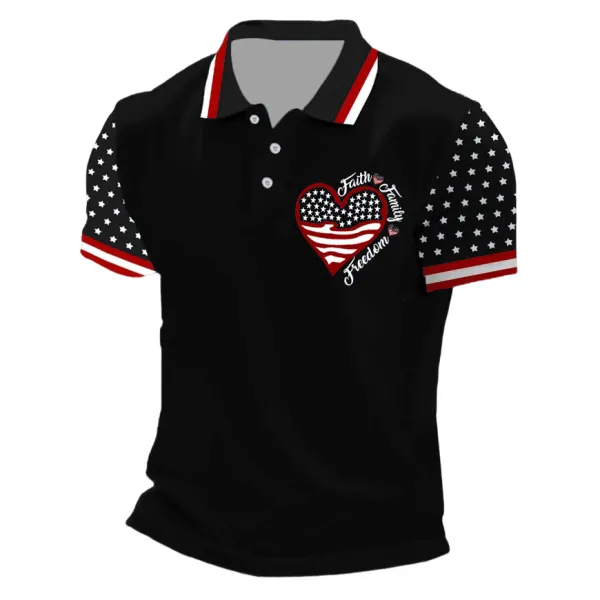Men's Vintage Love America Flag Independence Day July 4th Print Sleeve Short Sleeve Polo T-Shirt - Menzfolk.com 