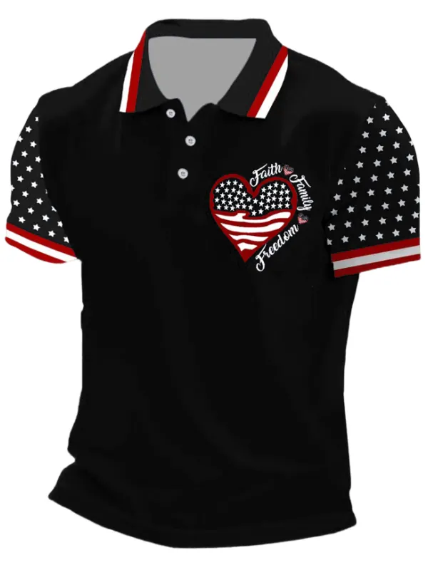 Men's Vintage Love America Flag Independence Day July 4th Print Sleeve Short Sleeve Polo T-Shirt - Menbarn.com 