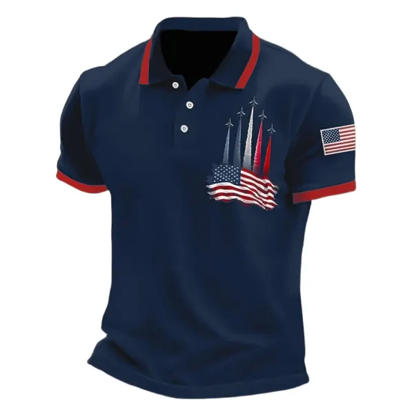 Men's Vintage America Flag Independence Day July 4th Print Sleeve Short Sleeve Polo T-Shirt - Cotosen.com 