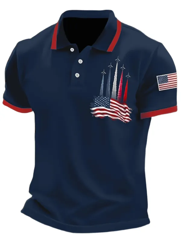 Men's Vintage America Flag Independence Day July 4th Print Sleeve Short Sleeve Polo T-Shirt - Menbarn.com 