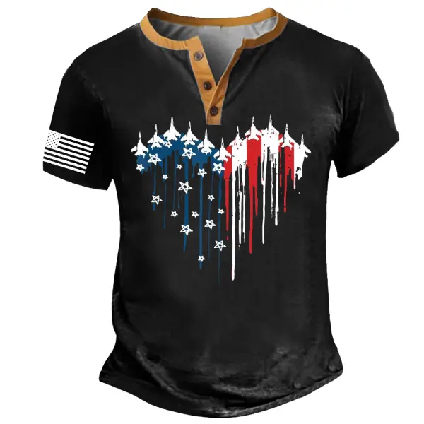 Men's Vintage Red White Blue Air Force Flyover Independence Day July 4th Henley Collar Short Sleeve T-Shirt - Cotosen.chimpone.com 