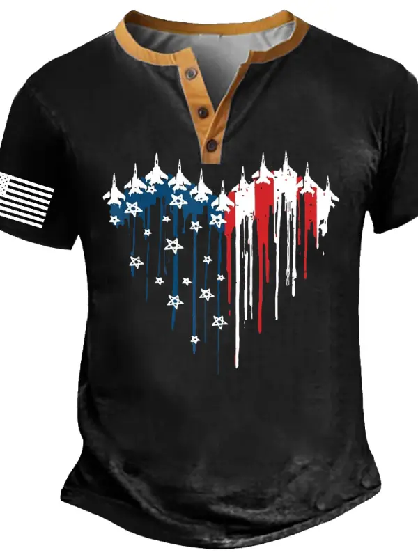 Men's Vintage Red White Blue Air Force Flyover Independence Day July 4th Henley Collar Short Sleeve T-Shirt - Menbarn.com 