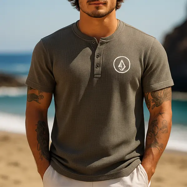 Stylish Waffle Coffee Color Henley T-Shirt For Casual Beach Days - Wayrates.chimpone.com 