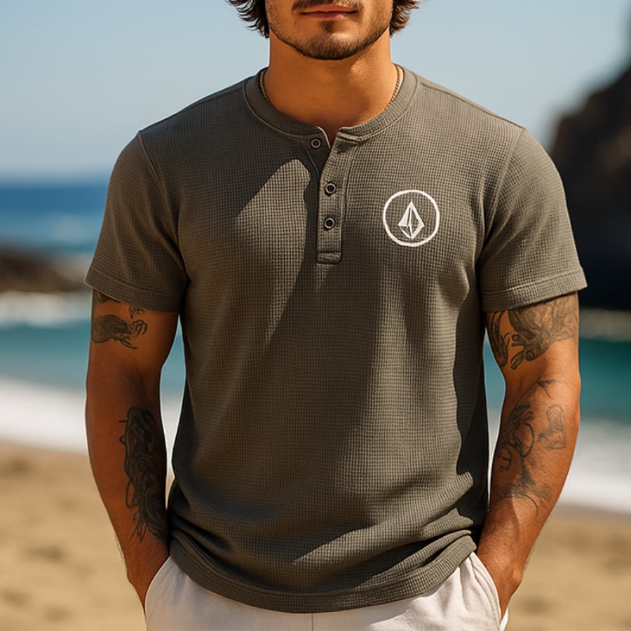 

Stylish Waffle Coffee Color Henley T-Shirt For Casual Beach Days