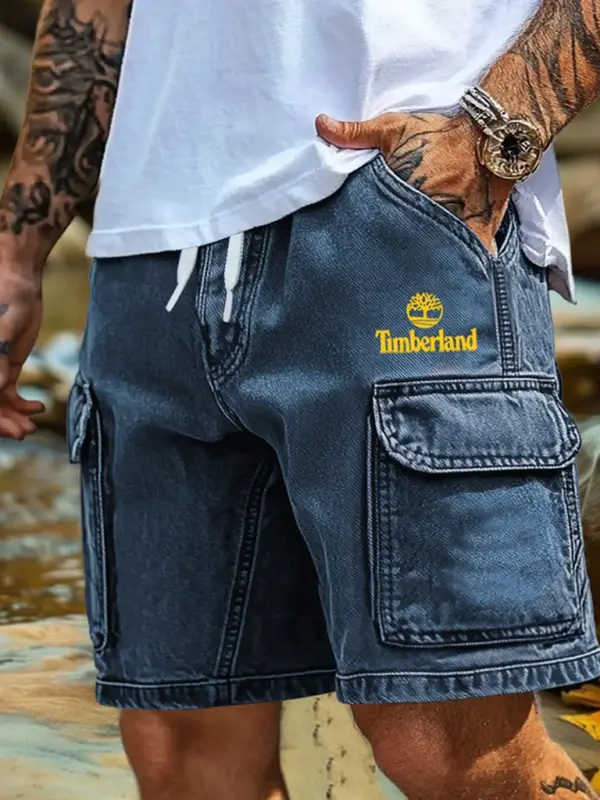 Timberland Men's Vintage Cargo Shorts Denim Washed Blue Walkshort - Menbarn.com 