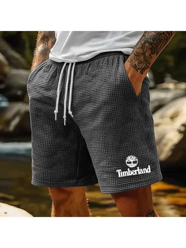Men's Vintage Waffle Knit Tree Print Surf Pocket Outdoor Elastic Drawstring Shorts Boardshorts - Ootdmw.com 