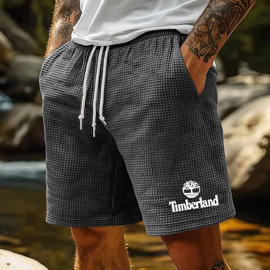 

Men's Vintage Waffle Knit Tree Print Surf Pocket Outdoor Elastic Drawstring Shorts Boardshorts