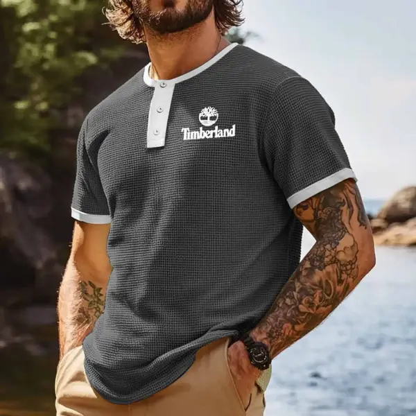 Men's Vintage Waffle Knit Tree Print Contrast Surf Short Sleeve Henley T-Shirt - Yesunshine.com 