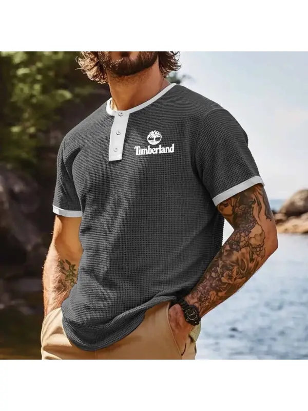 Men's Vintage Waffle Knit Tree Print Contrast Surf Short Sleeve Henley T-Shirt - Wearmw.chimpone.com 