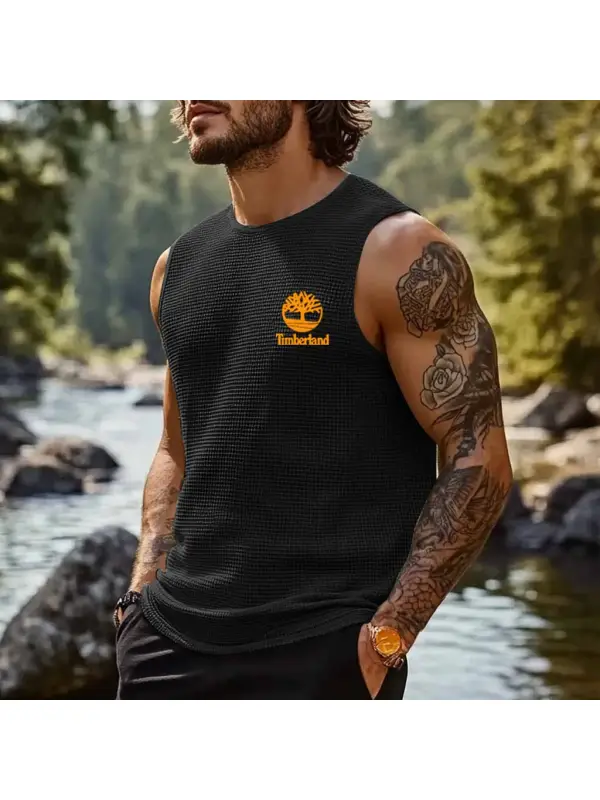Men's Vintage Waffle Knit Tree Print Surf Outdoor Crew Neck Sleeveless Tank Top - Ootdmw.com 