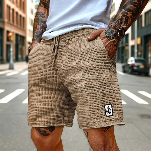Men's Vintage Waffle Knit Surf Embroidered Pocket Elastic Drawstring Shorts Boardshorts - Yesunshine.com 