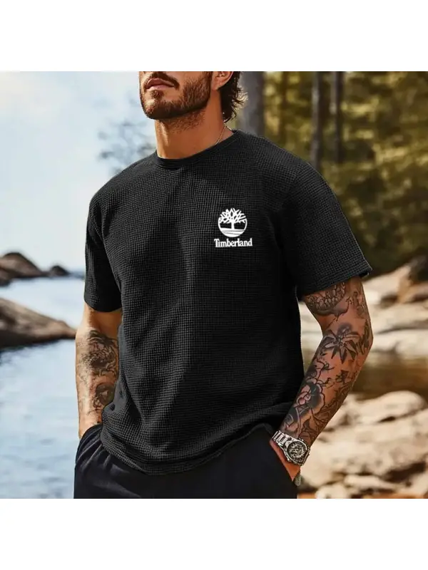 Men's Vintage Waffle Knit Tree Print Surf Outdoor Short Sleeve Crew Neck T-Shirt - Wearmw.chimpone.com 