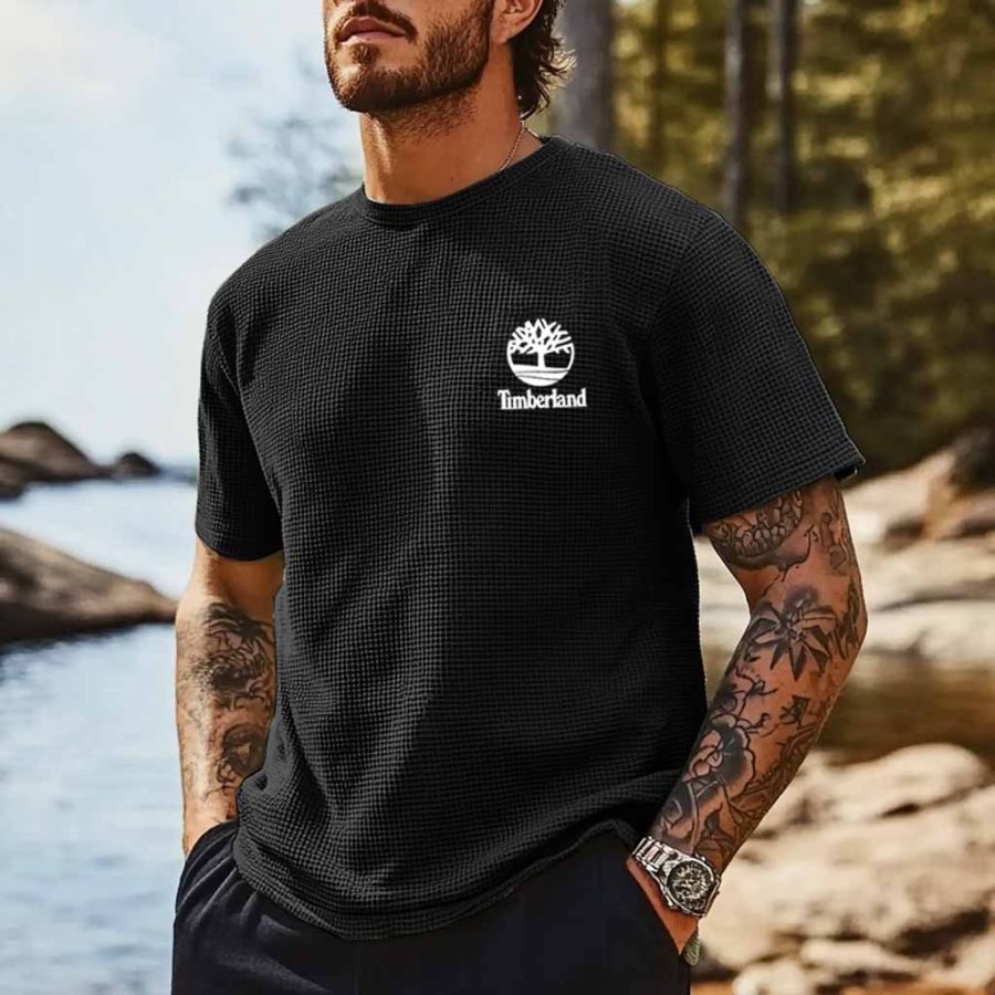 

Men's Vintage Waffle Knit Tree Print Surf Outdoor Short Sleeve Crew Neck T-Shirt