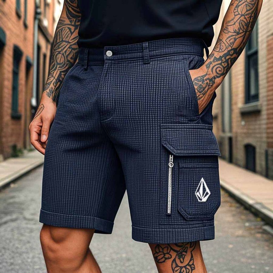 

Men's Vintage Waffle Knit Surf Embroidery Multi-Pocket Cargo Shorts Boardshorts