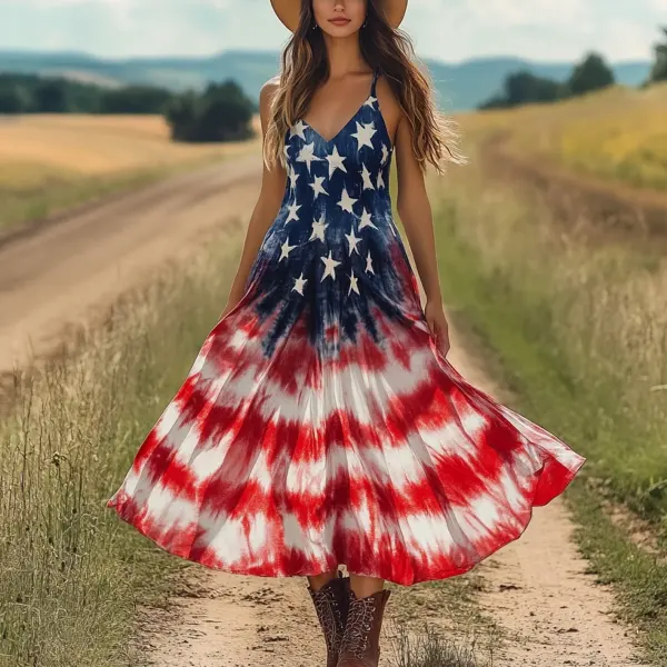 Women's 4th Of July Patriotic Tie-Dye Maxi Dress With Cowboy Hat - Menzfolk.com 