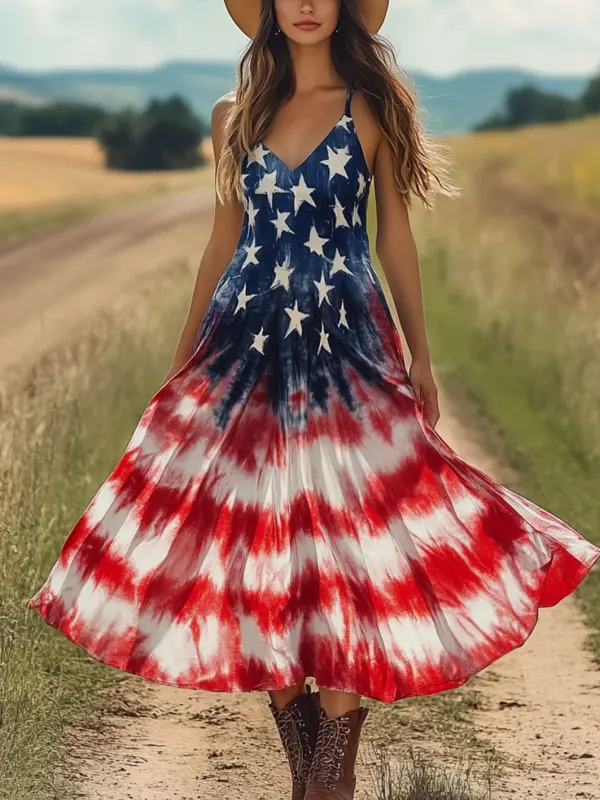 Women's 4th Of July Patriotic Tie-Dye Maxi Dress With Cowboy Hat - Pragmaace.com 