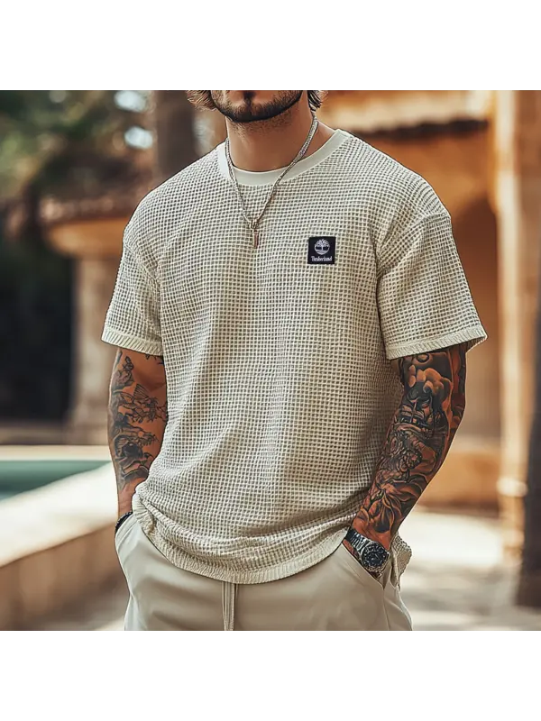 Men's Vintage Waffle Fabric Knit Lightweight Mesh T-Shirt - Perfect For Summer Outdoors - Wearmw.chimpone.com 