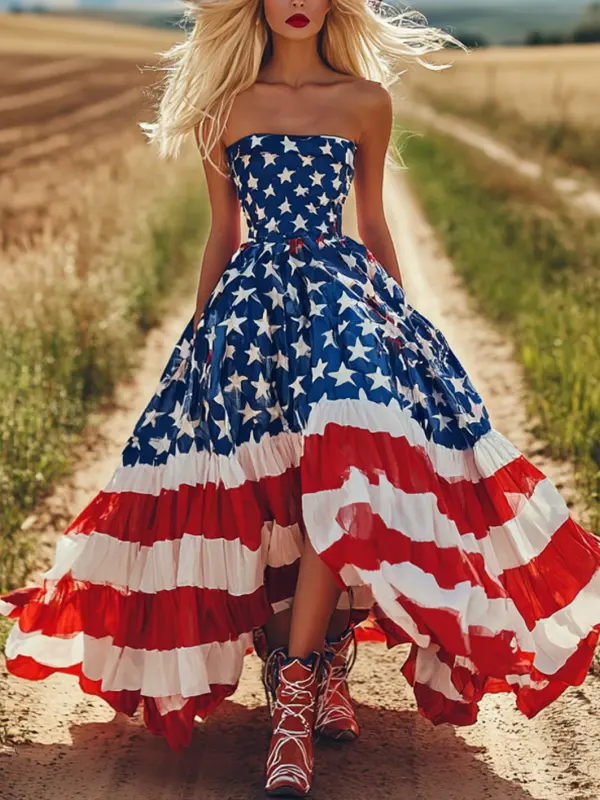 Women's 4th Of July Patriotic Elegance: American Flag-Inspired Dress In The Countryside - Pragmaace.com 