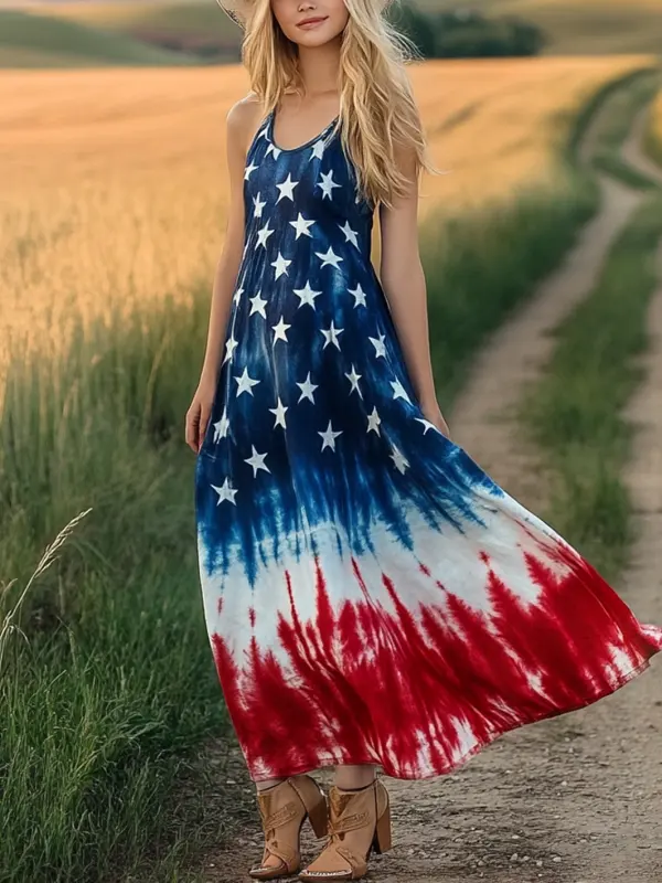 Women's 4th Of July Patriotic Tie-Dye Maxi Dress In A Golden Field - Menbarn.com 