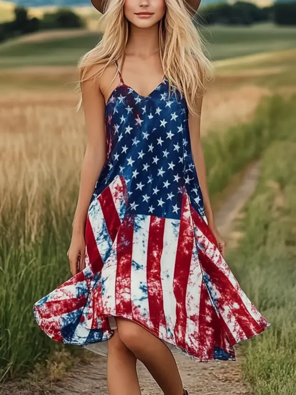 Women's 4th Of July Patriotic American Flag Dress In A Summer Field - Simplyion.com 