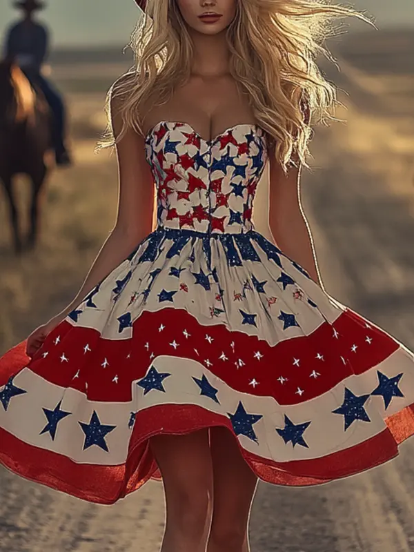 Women's 4th Of July Patriotic Star-Spangled Dress With Cowboy Boots - Pragmaace.com 