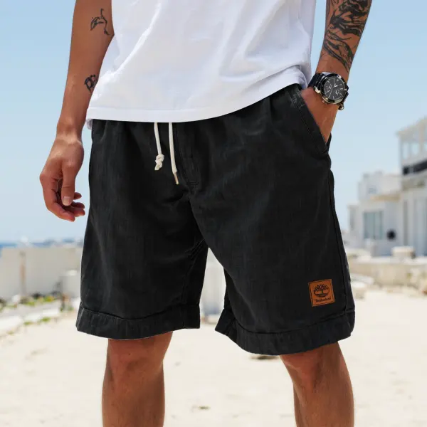 Men's Vintage Sky Blue Cotton And Linen Fabric Surf Elastic Drawstring Shorts - Yesunshine.com 