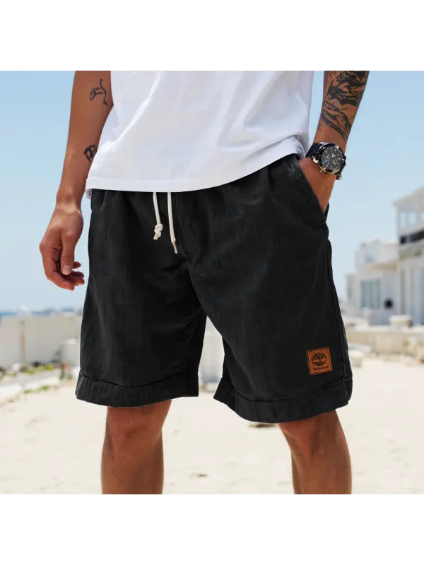 Men's Vintage Sky Blue Cotton And Linen Fabric Surf Elastic Drawstring Shorts - Wearmw.chimpone.com 
