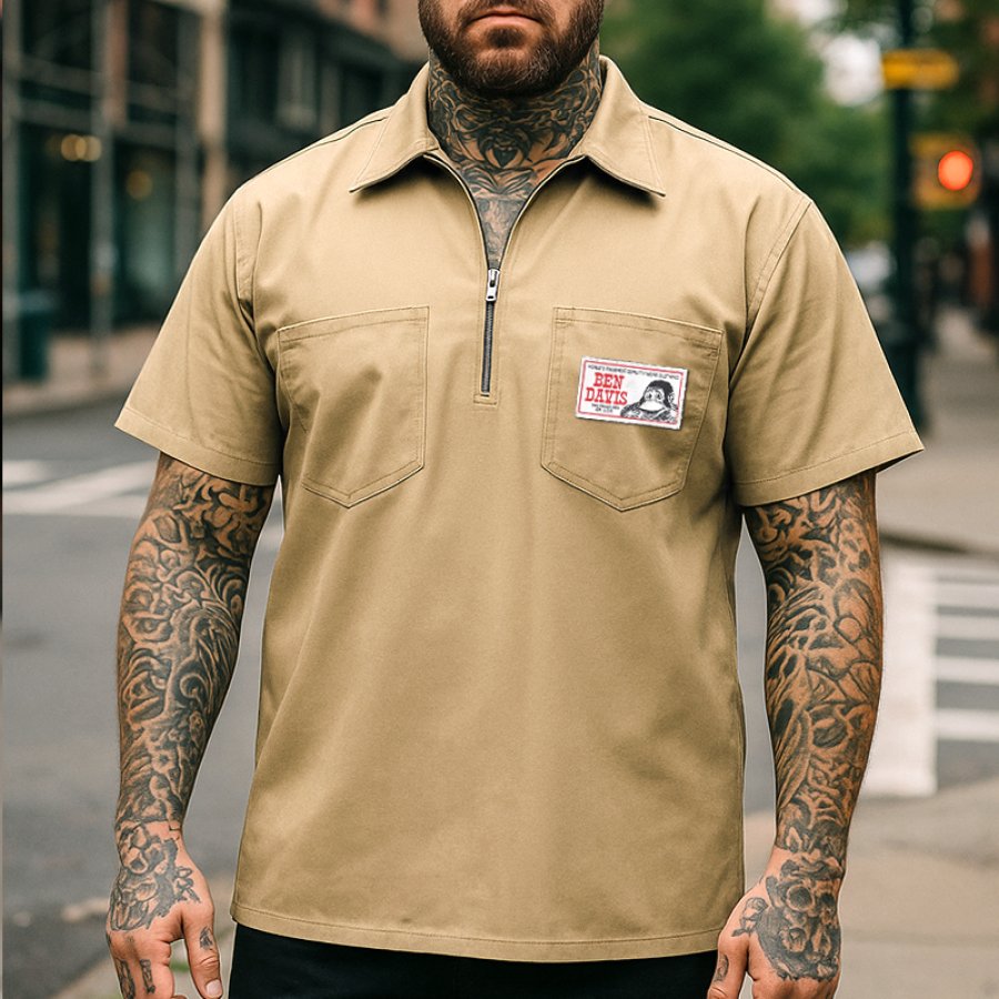 

Ben Davis Khaki Stylish Short Sleeve Work Shirt With Zipper Detail And Chest Pockets