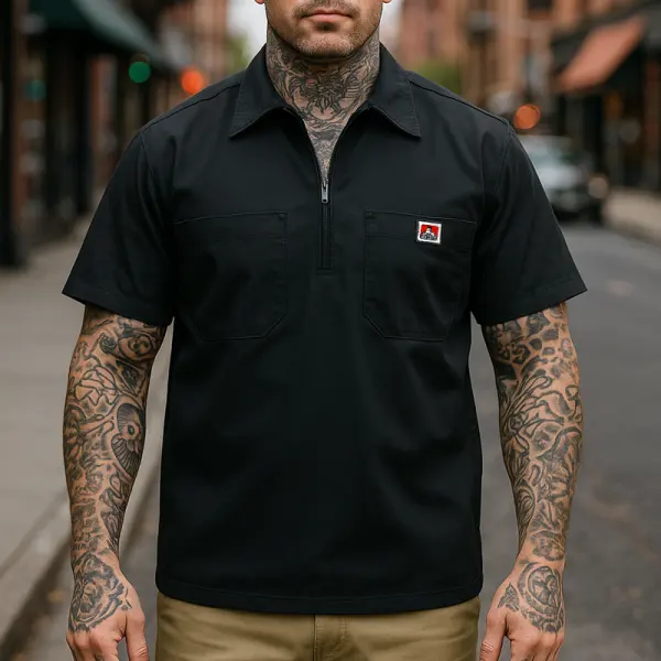Ben Davis Stylish Short-Sleeve Work Shirt With Zipper Closure And Chest Pockets For Men - Wayrates.com 