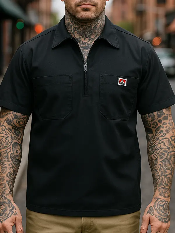 Stylish Short-Sleeve Work Shirt With Zipper Closure And Chest Pockets For Men - Wantbright.com 