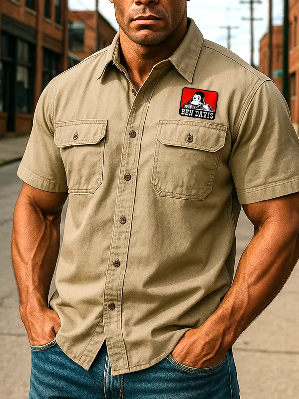 Vintage Stylish Short-Sleeve Work Shirt With Iconic Patch Design - Wantbright.com 