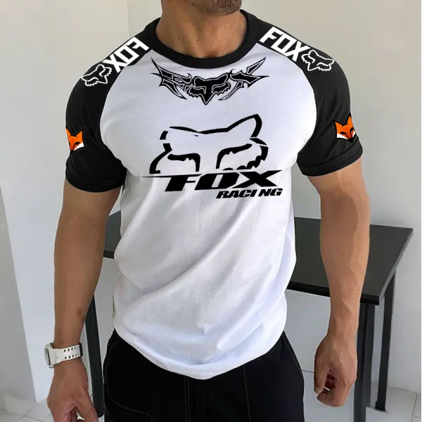 Men's Racing Logo Print Contrast Color Short Sleeve T-Shirt - Ootdyouth.com 
