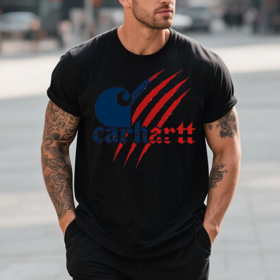 

Carhartt Men's Vintage Letter Claw Mark American Flag Independence Day 4th Of July Shirts Print Short Sleeve T-Shirt