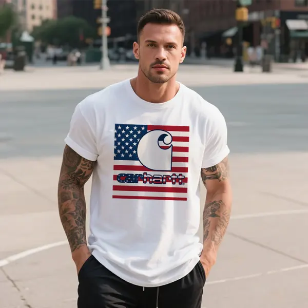 Carhartt Men's Vintage Letter 4th Of July American Flag Independence Day Graphic Print Short Sleeve T-Shirt