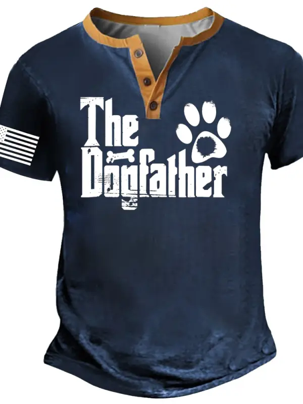 Men's Vintage The Dogfather Best Dad Father's Day Henley Short Sleeve T-Shirt - Menbarn.com 
