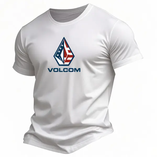 Volcom Men's Vintage American Flag Independence Day July 4th Surf Print Cotton Short Sleeve T-Shirt - Menzfolk.com 