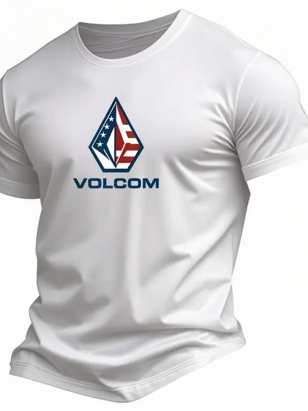 Volcom Men's Vintage American Flag Independence Day July 4th Surf Print Cotton Short Sleeve T-Shirt - Simplyion.com 