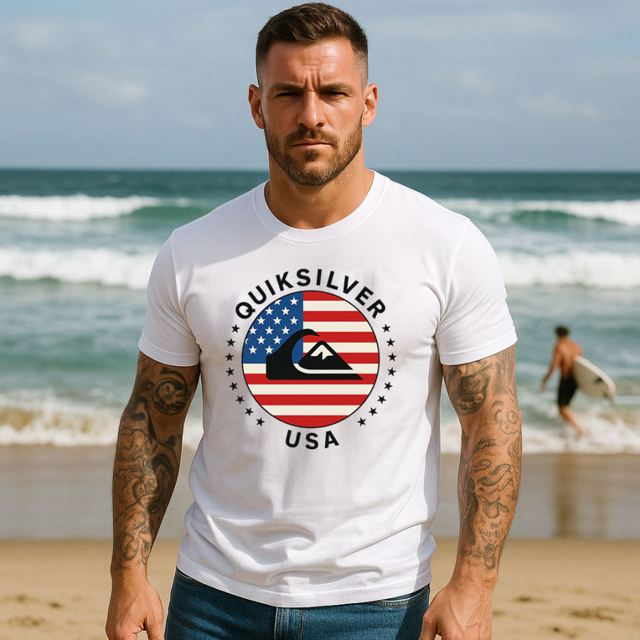 

Quiksilver Men's Vintage American Flag Independence Day July 4th Surf Print Cotton Short Sleeve T-Shirt